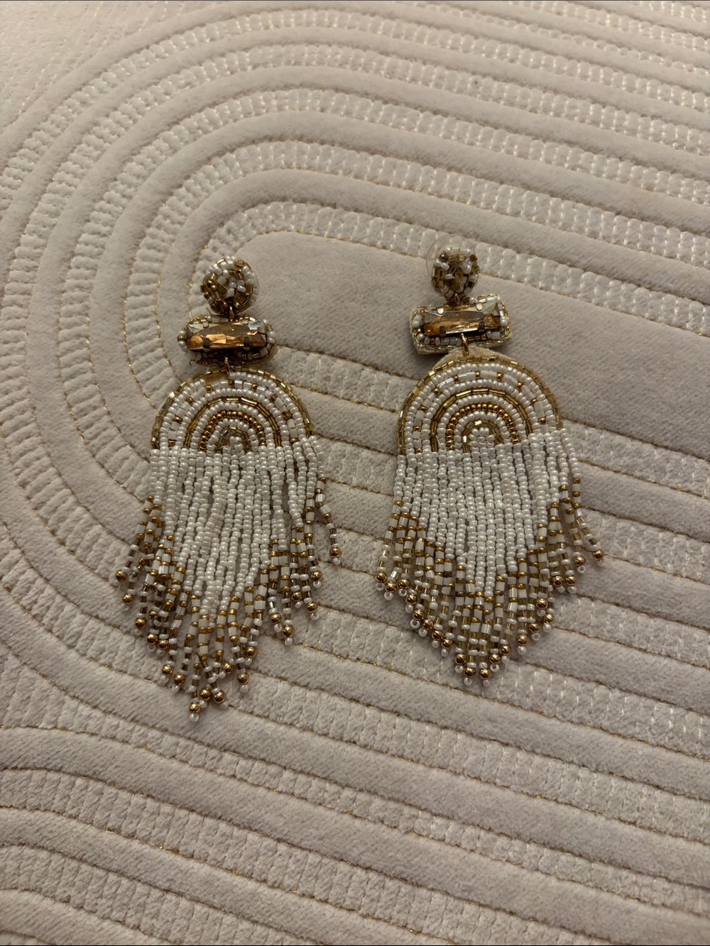 Handcrafted White and Gold Fringe Beaded Statement Earrings